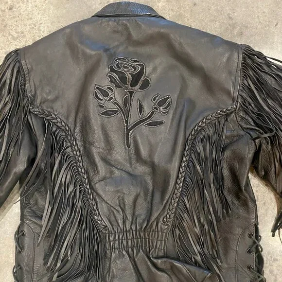 Black Leather Vintage Biker Jacket with Fringe and Rose Detail - Picture 4 of 13